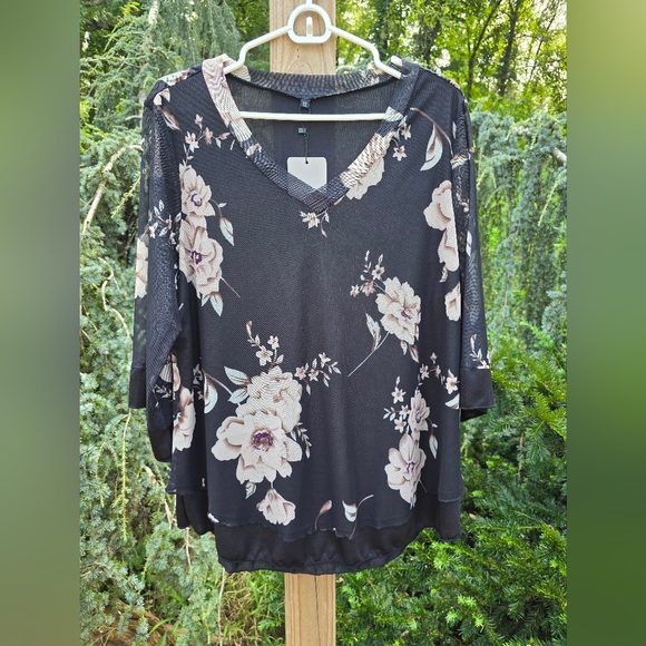 Undefined Tops - Floral Black Women's Top Sheer Sleeves Plus Size 1